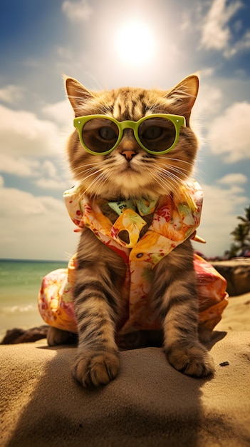 cat relaxing on the beach in colorful clothes