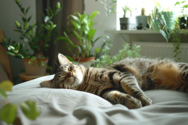 A cat relaxing on a bed next to a plant suitable for home decor