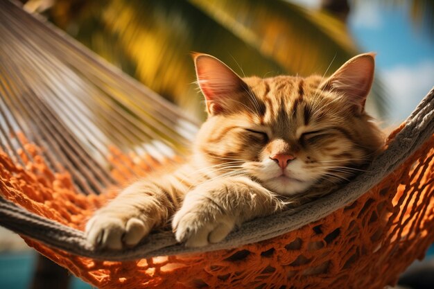 Cat Relaxing in Hammock Between Palm Trees Generative Ai