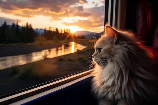 Cat Relaxing on Train Gazing at Scenic Landscape Through Window AI