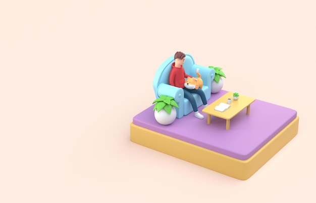 Cat Rest with his Owner 3D Illustration