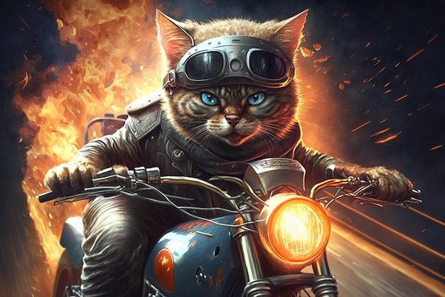 Cat rider on motorcycle super hero biker riding on fire background generative AI