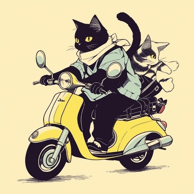 cat riding motorcycle catoon character illustration