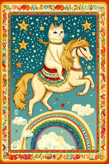 Photo cat riding a unicorn over a rainbow