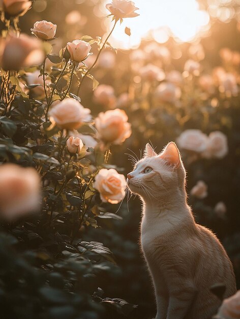 Cat in a Rose Garden at Sunset with Warm Sunlight