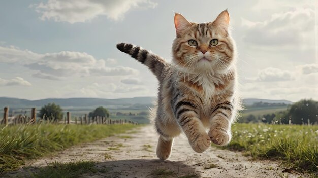 a cat running on a dirt road with a sky background