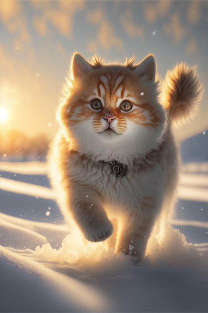 Cat running through the snow on a sunny day generative ai