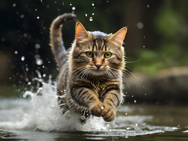 a cat running in the water