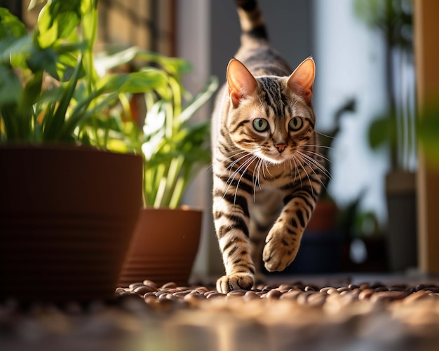 a cat runs across a potted plant with a plant in the background.