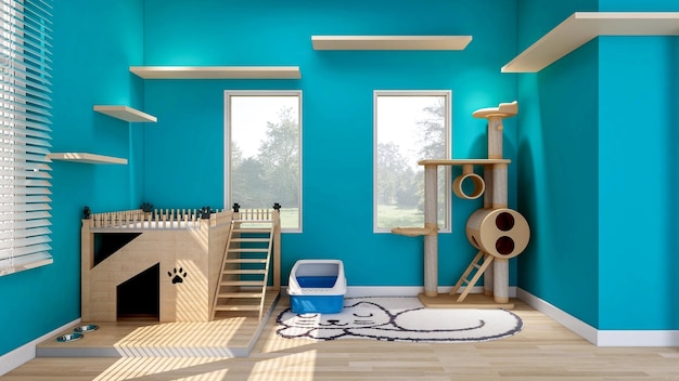 Cat's room interior in blue wall with cat house and cat condo room designed for cat 3d rendering