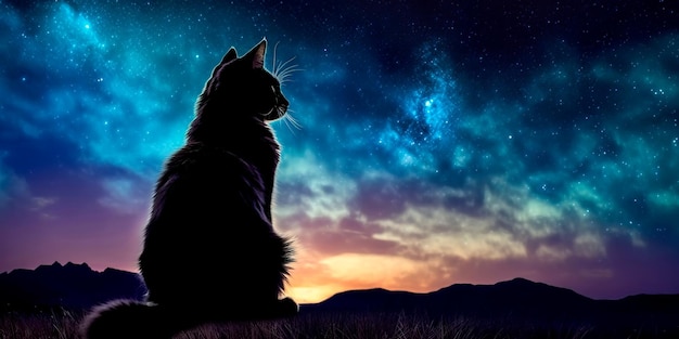 Cat's silhouette against a backdrop of a starry night sky highlighting the mysterious and nocturnal nature of cats on International Cat Day Generative AI