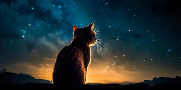 Cat's silhouette against a backdrop of a starry night sky highlighting the mysterious and nocturnal nature of cats on International Cat Day Generative AI