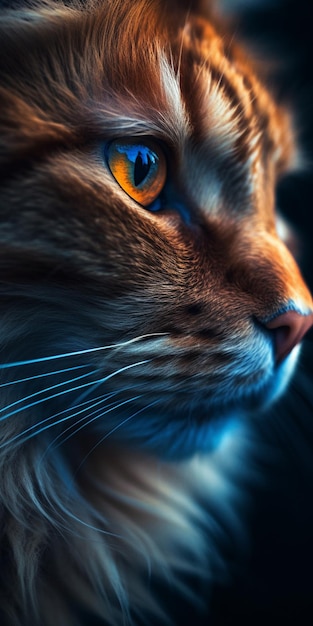 A cat's whiskers are visible on a dark background.