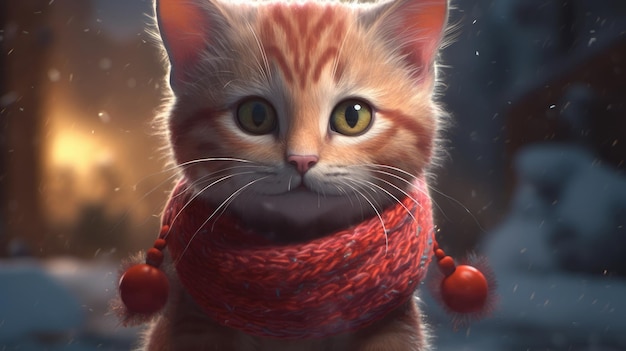 A cat in a scarf with red beads