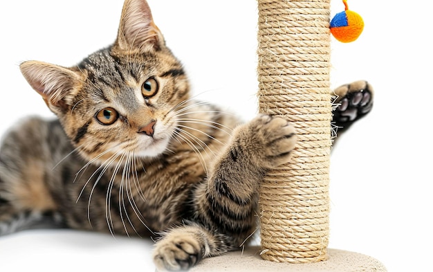 Photo cat scratching post with toy isolated on white background