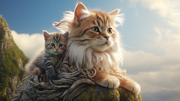 A cat seated on top of a kitten's head in the style of nature's wonder