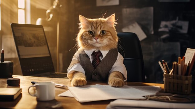 Photo cat in shirt and tie sitting at desk