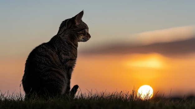 Photo cat silhouette at sunset with golden sky