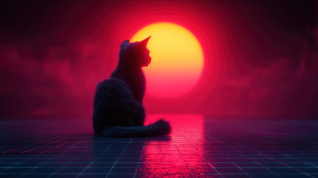 Photo cat silhouette with a red sunset