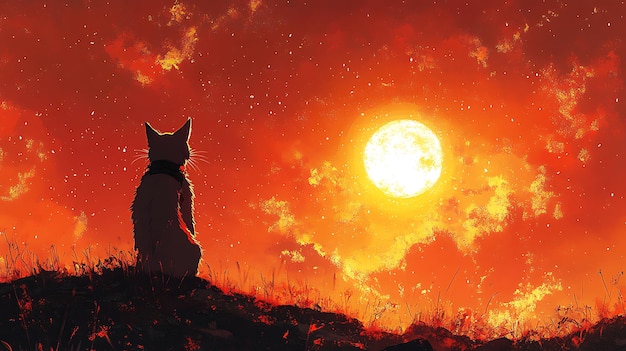 Photo a cat silhouetted against a fiery sunset