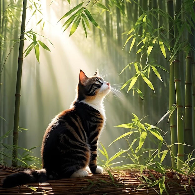 a cat sits in a bamboo forest with the sun shining through the leaves