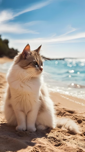 a cat sits on the beach and looks out to sea Generative AI