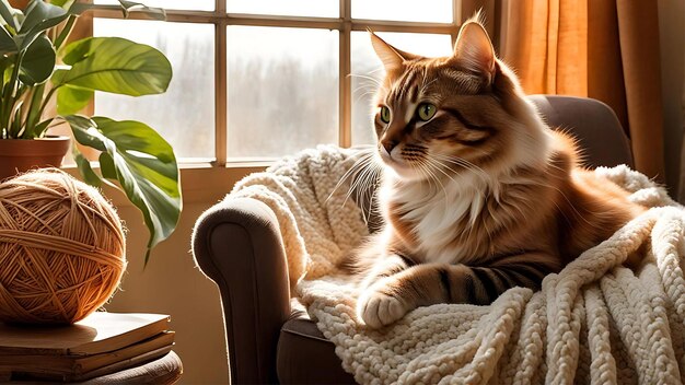 a cat sits on a blanket in front of a window