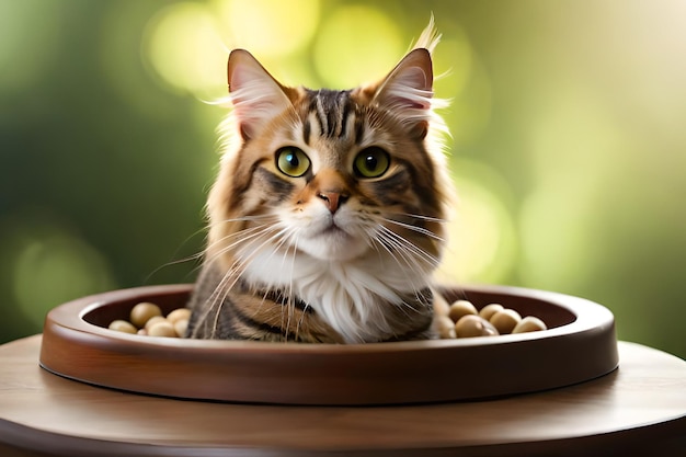 A cat sits in a bowl of peanuts.