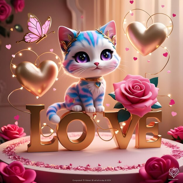 Photo a cat sits on a cake with a heart shaped frame and a rose with the word love