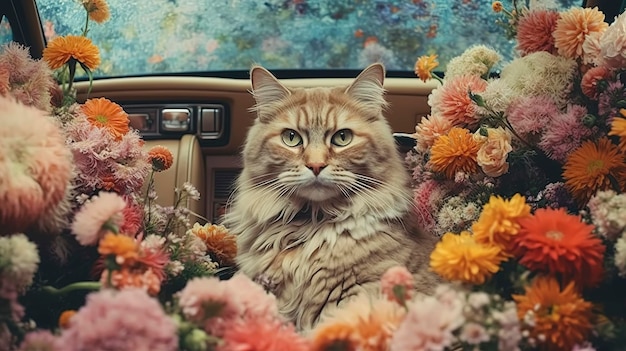 A cat sits in a car with flowers in the back.