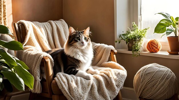 a cat sits on a chair by a window