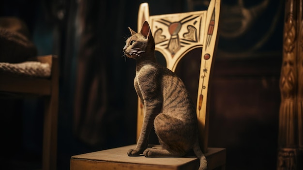 Photo a cat sits on a chair in a dark room.