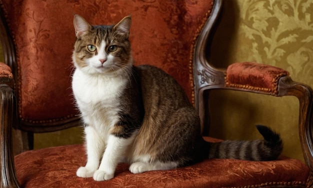 Photo a cat sits on a chair with a gold colored armrest