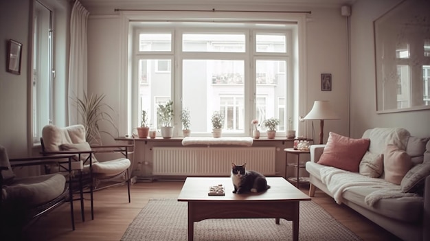 A cat sits on a coffee table in a living room.