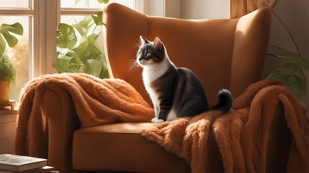 a cat sits on a couch looking out a window