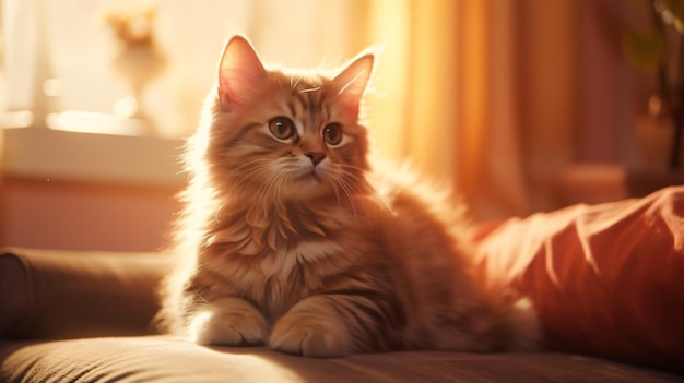 a cat sits on a couch and looks at the camera