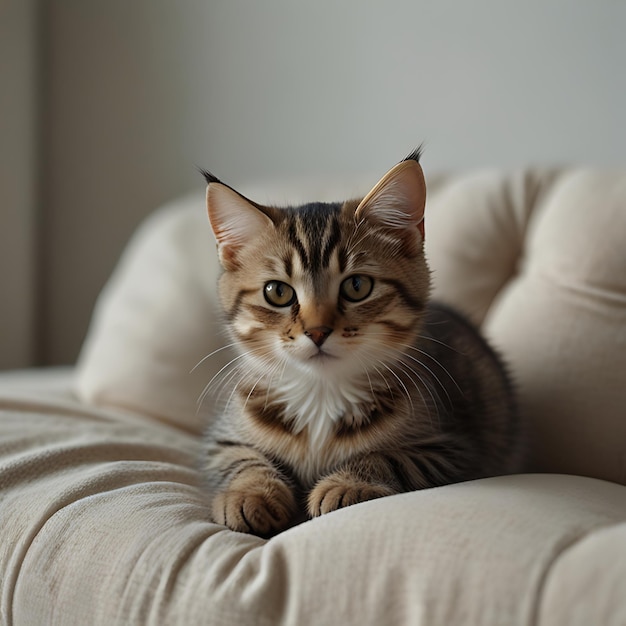 a cat sits on a couch with a white background