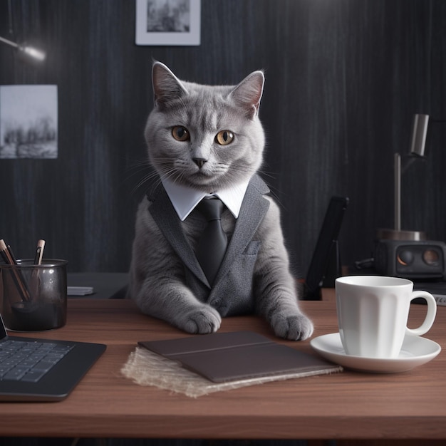 A cat sits at a desk with a cup of coffee and a book.