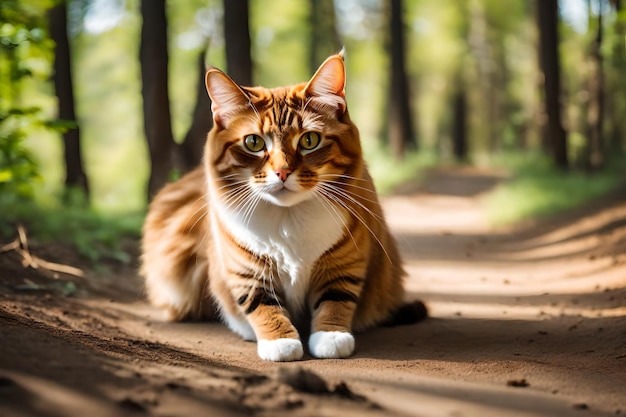 A cat sits on a dirt road in the woods Selective Focus Shot photorealistic ar 32 v4 no dark Upscalin