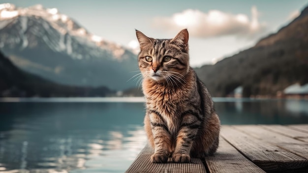 A cat sits on a dock in front of a mountain.