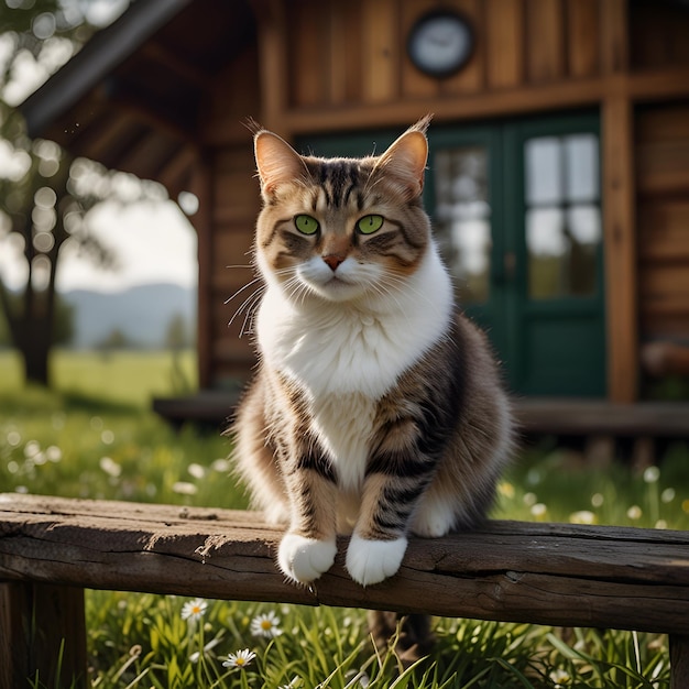 a cat sits on a fence in front of a cabin