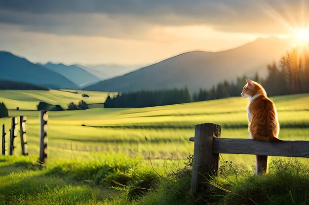 Photo a cat sits on a fence in front of a field with mountains in the background.