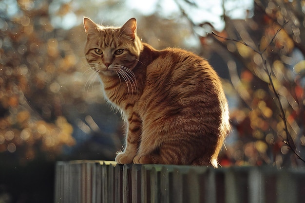 a cat sits on a fence with the sun shining behind it