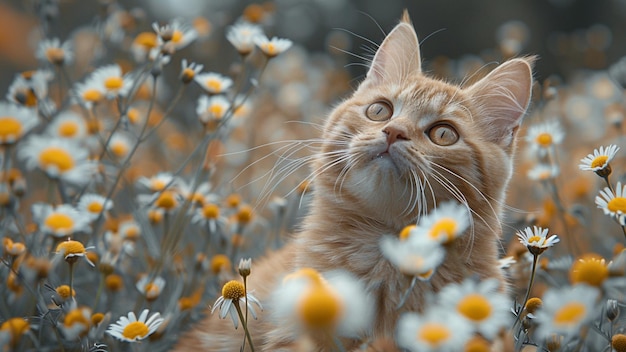 a cat sits in a field of flowers with the words cat on the side