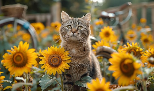 Photo a cat sits in a field of sunflowers with a sunflower in the background