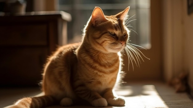 A cat sits on the floor in front of a window.