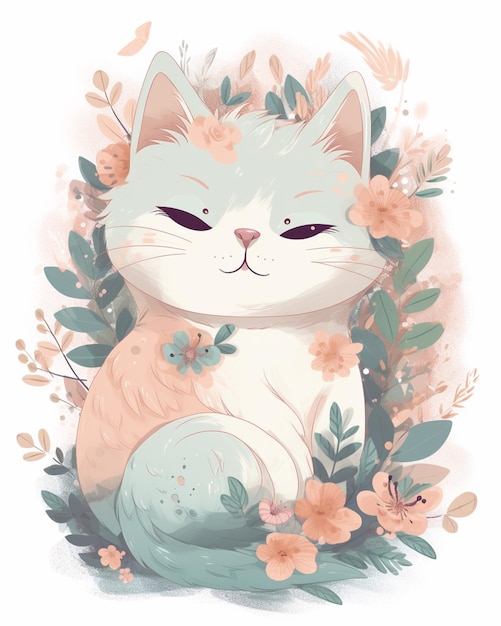 A cat sits in a flowery garden.