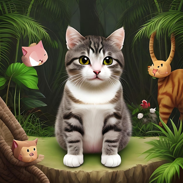 a cat sits in front of a jungle with animals and animals