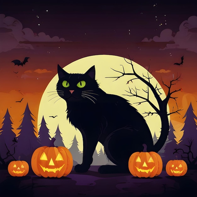 a cat sits in front of a pumpkin with the moon in the background