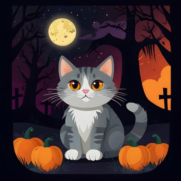 a cat sits in front of a pumpkin with the moon in the background